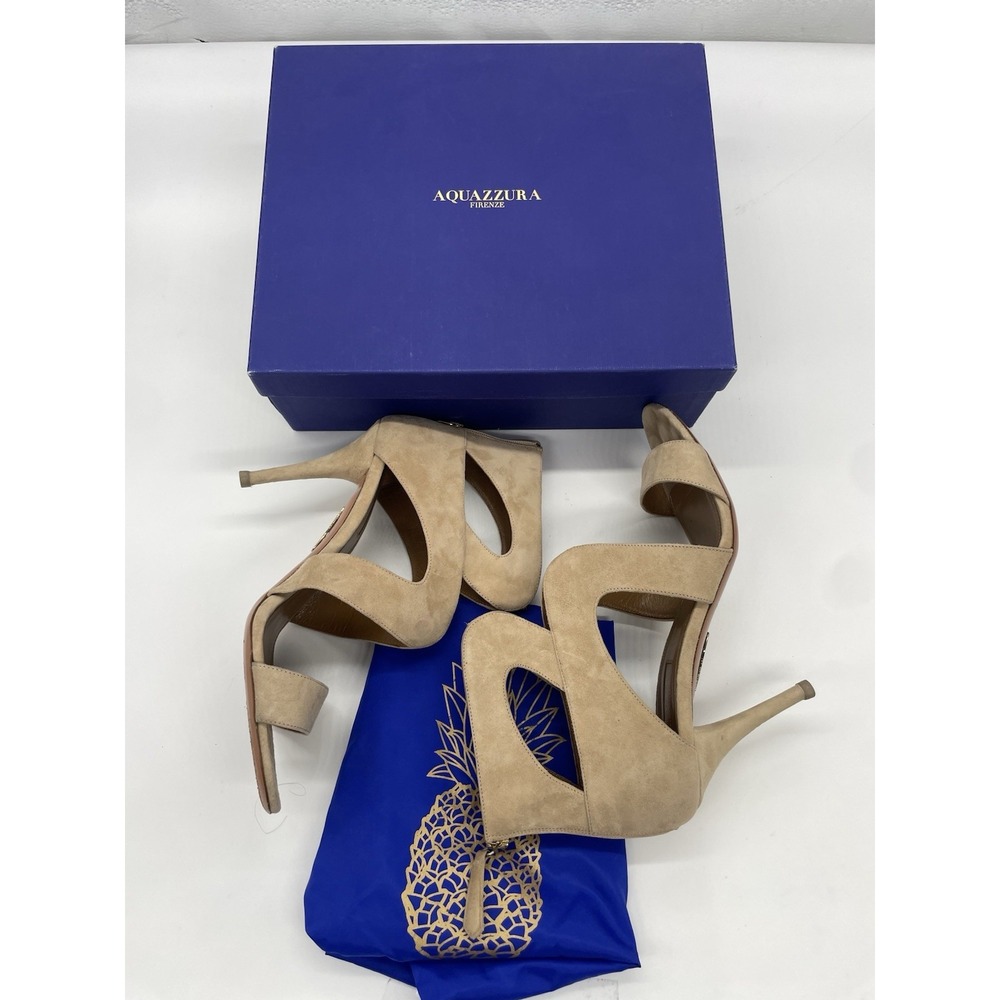 Aquazzura Suede Nude Noor Sandals Heels Shoes Nude Beige Sz 40.5 Box‎ Dust Bag